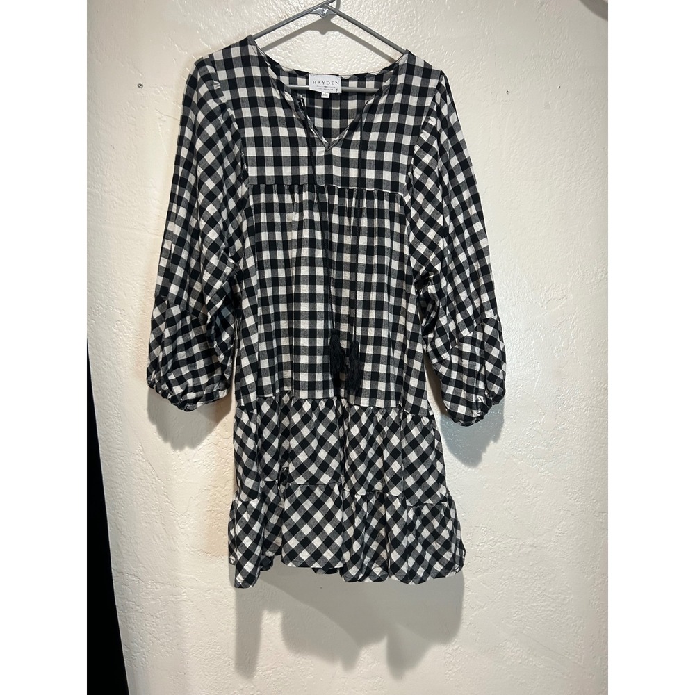 Hayden Los Angeles Black White Gingham Cotton Babydoll Dress Womens L‎